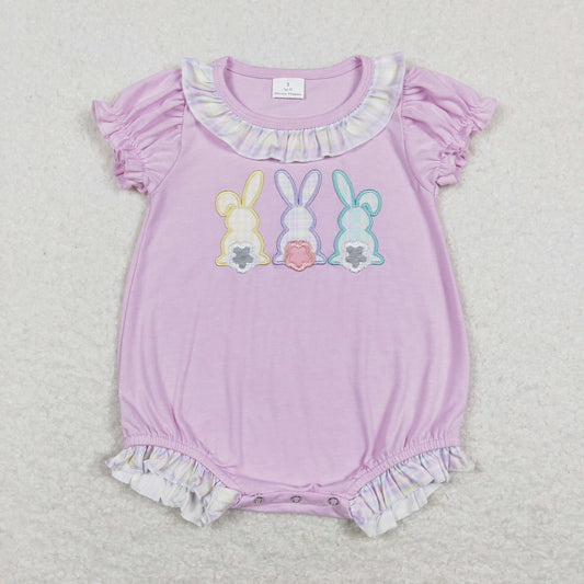 SR0499 Baby Girl Short Sleeves Easter Embroidery Rabbit Ruffle One Piece Romper