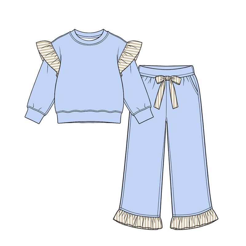 ( Moq 5 ) Preorder Baby Girls Kids Long Sleeves Ruffle Tops Pockets Pants Cotton Set Blue Clothes