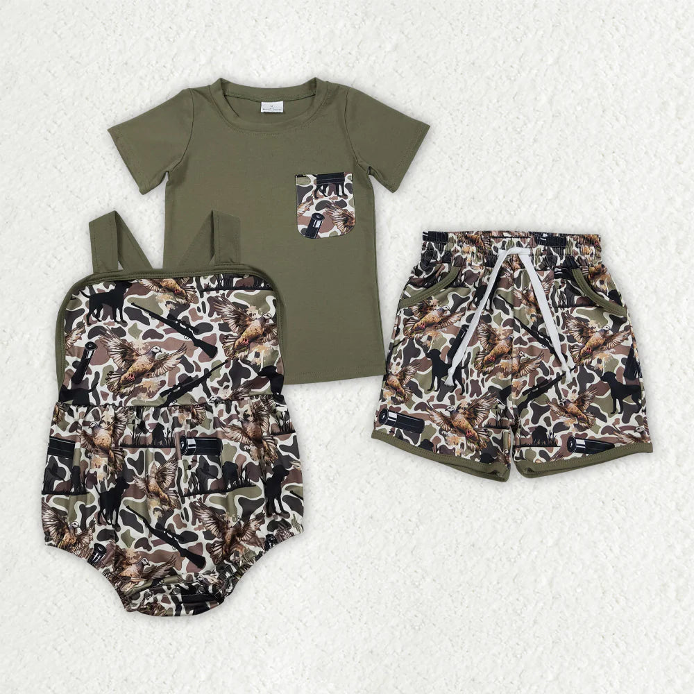 Sibilng Baby Boys Kids Ducks Dogs Camo Hunting Bubble Romper Set Summer Clothes RTS
