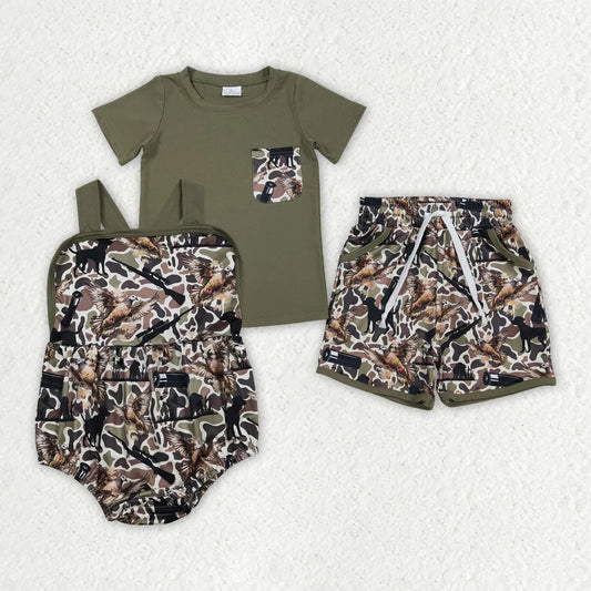 Sibilng Baby Boys Kids Ducks Dogs Camo Hunting Bubble Romper Set Summer Clothes RTS