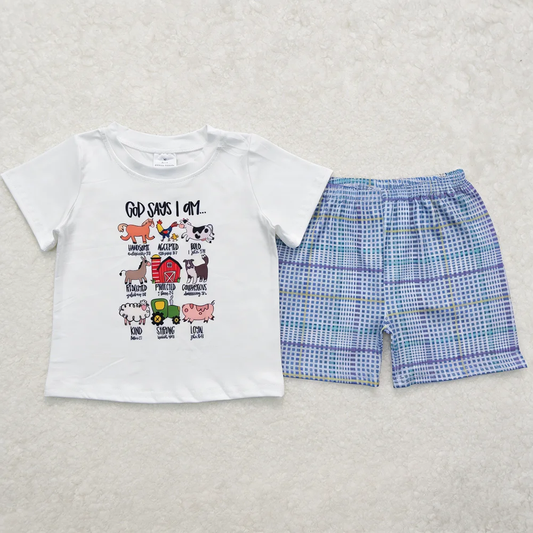 Baby Boys Kids Short Sleeves Farm Animals Shirt Plaid Shorts Set Summer Clothes RTS