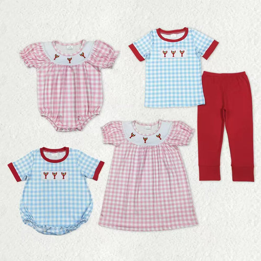 Sibling Boys Girls Kids Short Sleeves Embroidery Crawfish Plaid Mardi Gras Romper Dress Set RTS