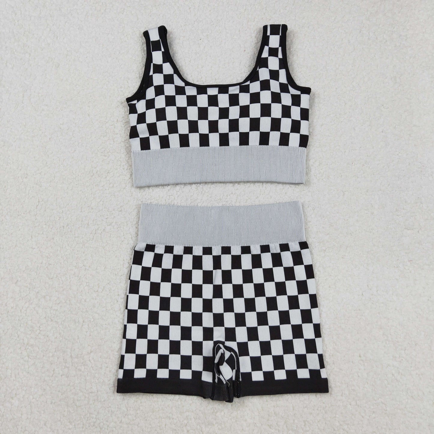 Adult Woman Sleeveless Black Checkered Tank Tops Shorts Knitted Yoga Set RTS