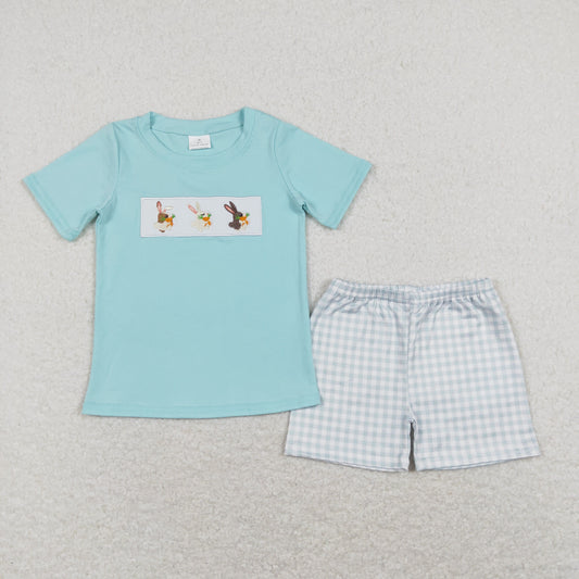 BSSO0414 Baby Boy Short Sleeves Embroidery Rabbits Shirt Plaid Shorts Easter Set