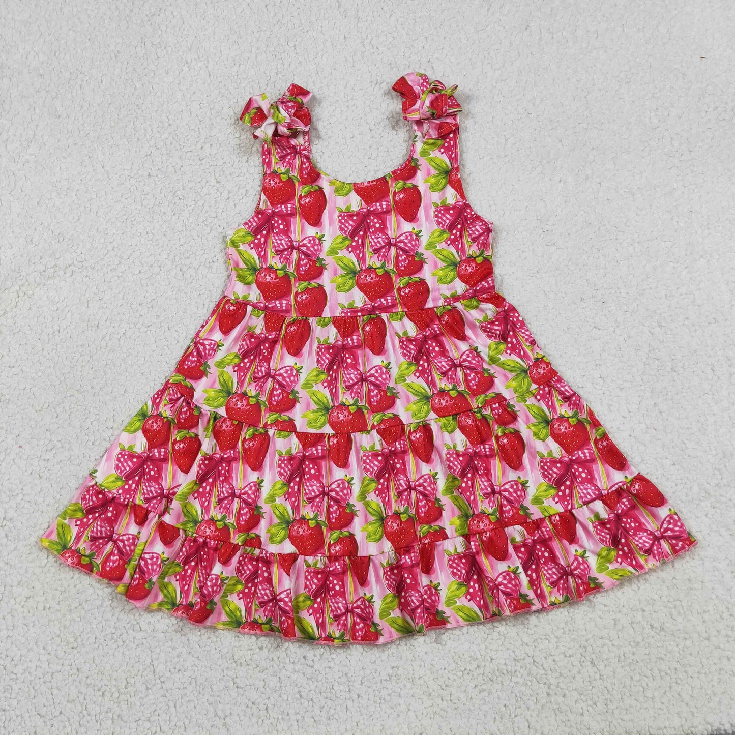 Baby Girls Kids Straps Strawberry Bows Ruffle Knee Length Dress RTS