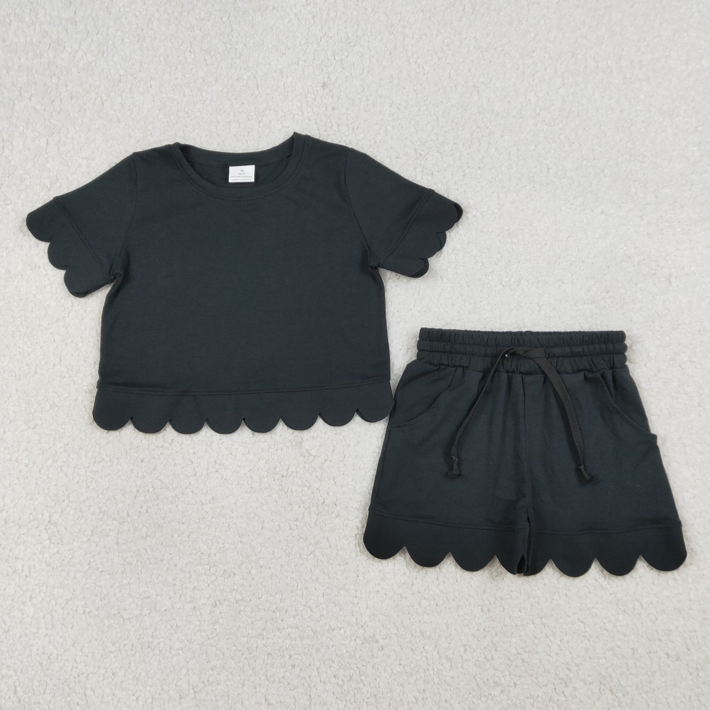 Baby Girls Kids Short Sleeves Black Shirt Scallop Shorts Summer Clothes Set RTS