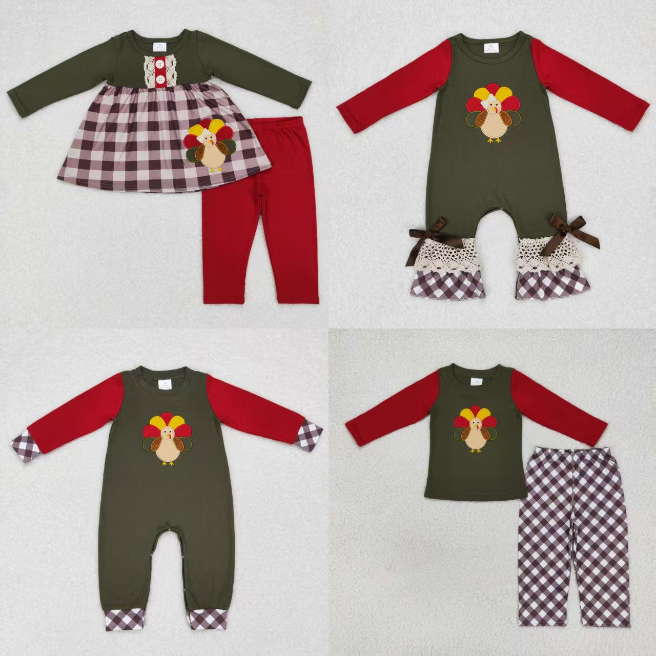Baby Boy Girl Long Sleeves Embroidery turkey Plaid Sibling Romper Set Thanksgiving Fall Clothes RTS