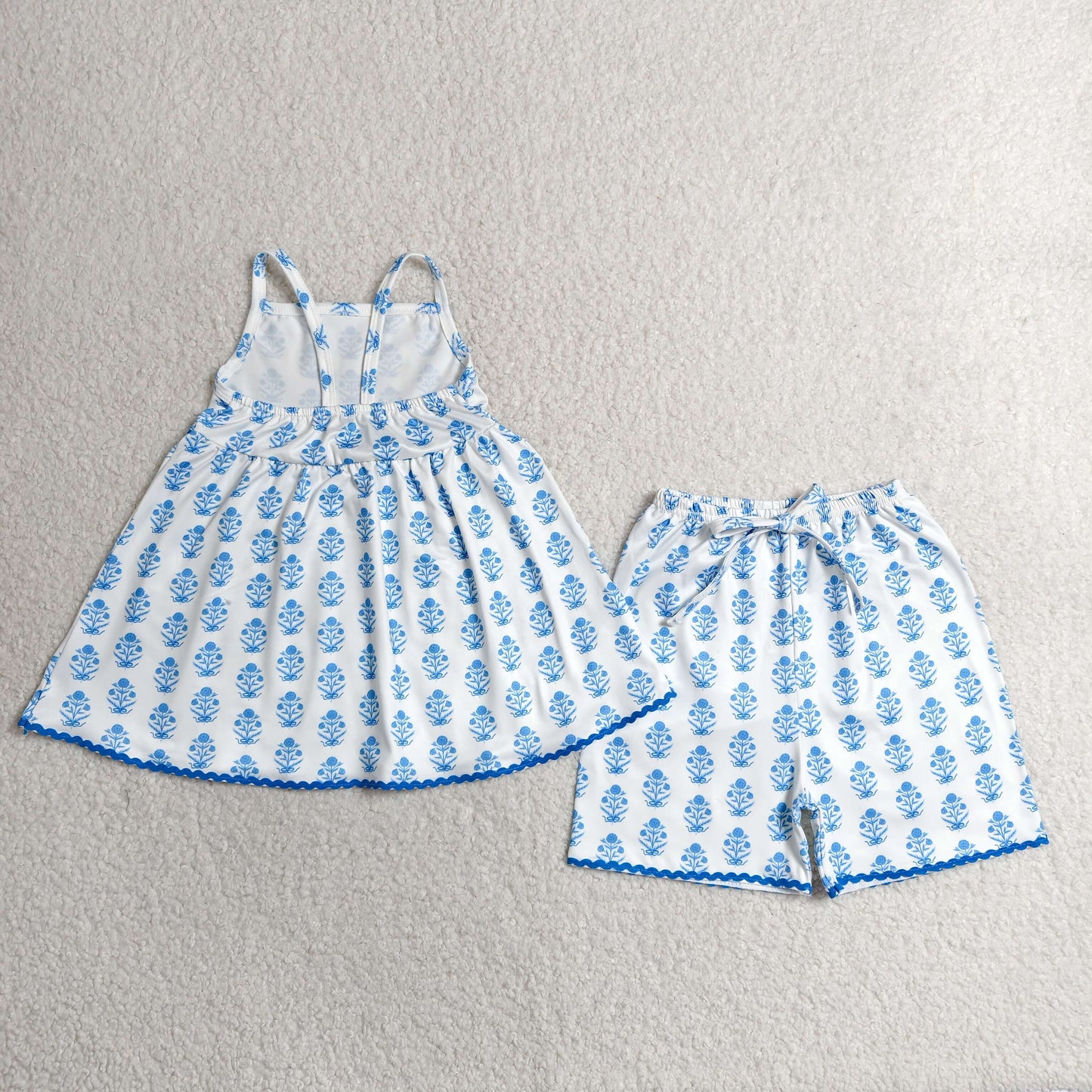 Baby Girls Kids Straps Blue Flower Tunic Shorts Summer Clothes Set RTS
