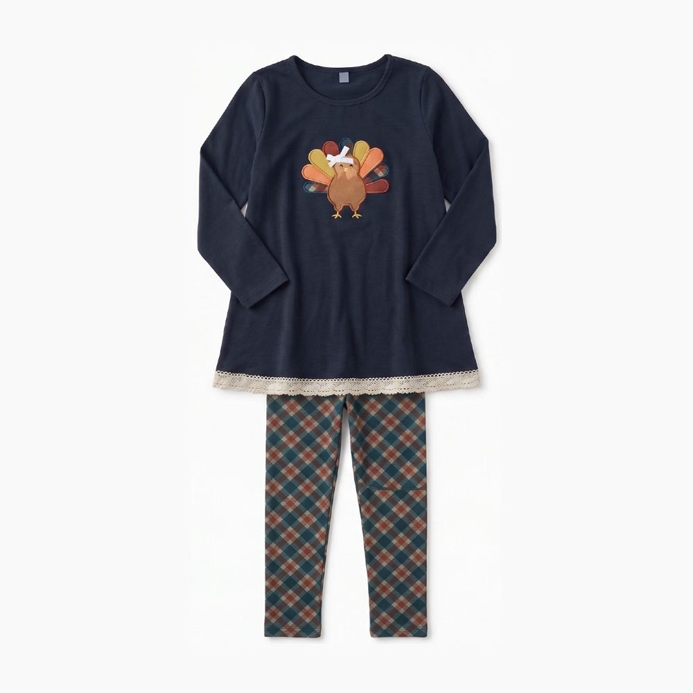 ( Moq 5 ) Preorder Baby Girls Kids turkey Bows Navy Tops Plaid Pants Thanksgiving Set Clothes