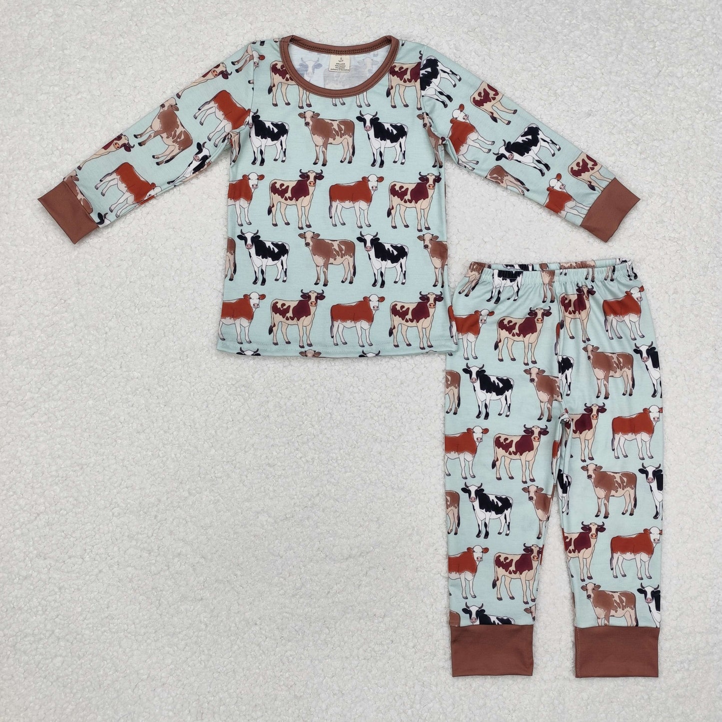 Baby Boy Long Sleeves Western Cows Farm Shirt Pants Pajamas Bamboo Set