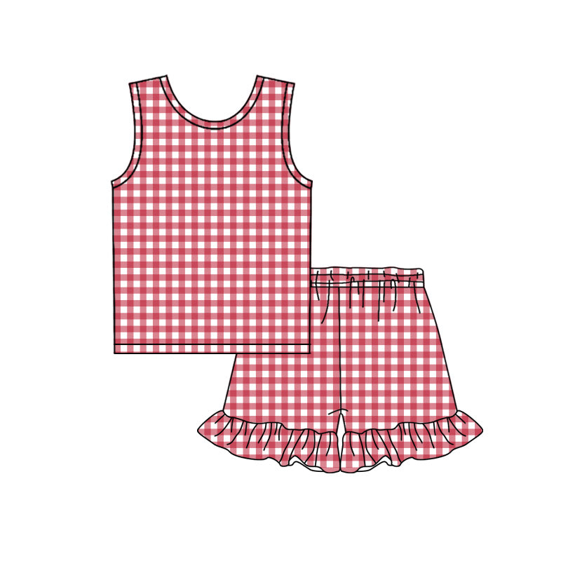 ( Moq 5 )  Preorder Baby Girls Kids Sleeveless Red Plaid Tops Ruffle Shorts Set Summer Clothes