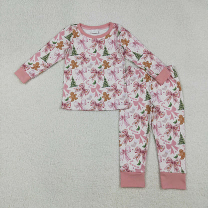 Sibling Baby Girl Long Sleeves Christmas Bows Trees Gingerbread Shirt Pants Set RTS