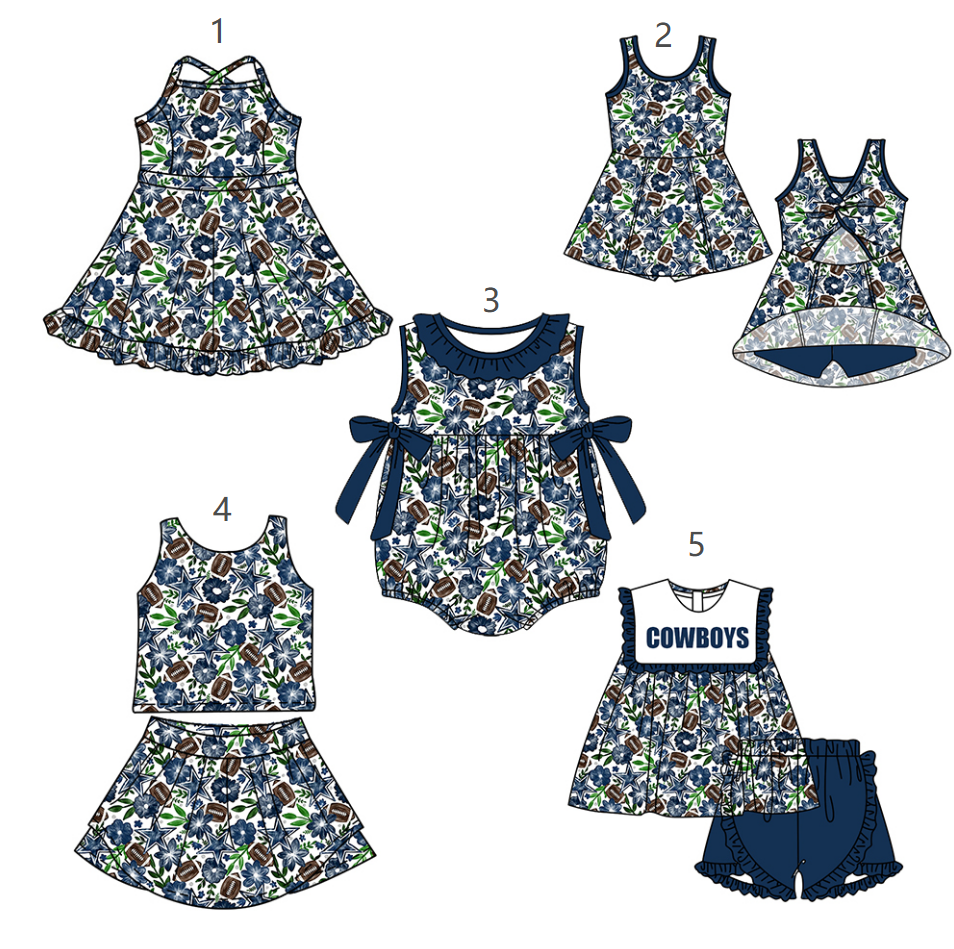 ( Moq 5 Each Style ) Baby Girls Kids Sleeveless Football Stars Flower Sibling Blue Romper Dresses Sets