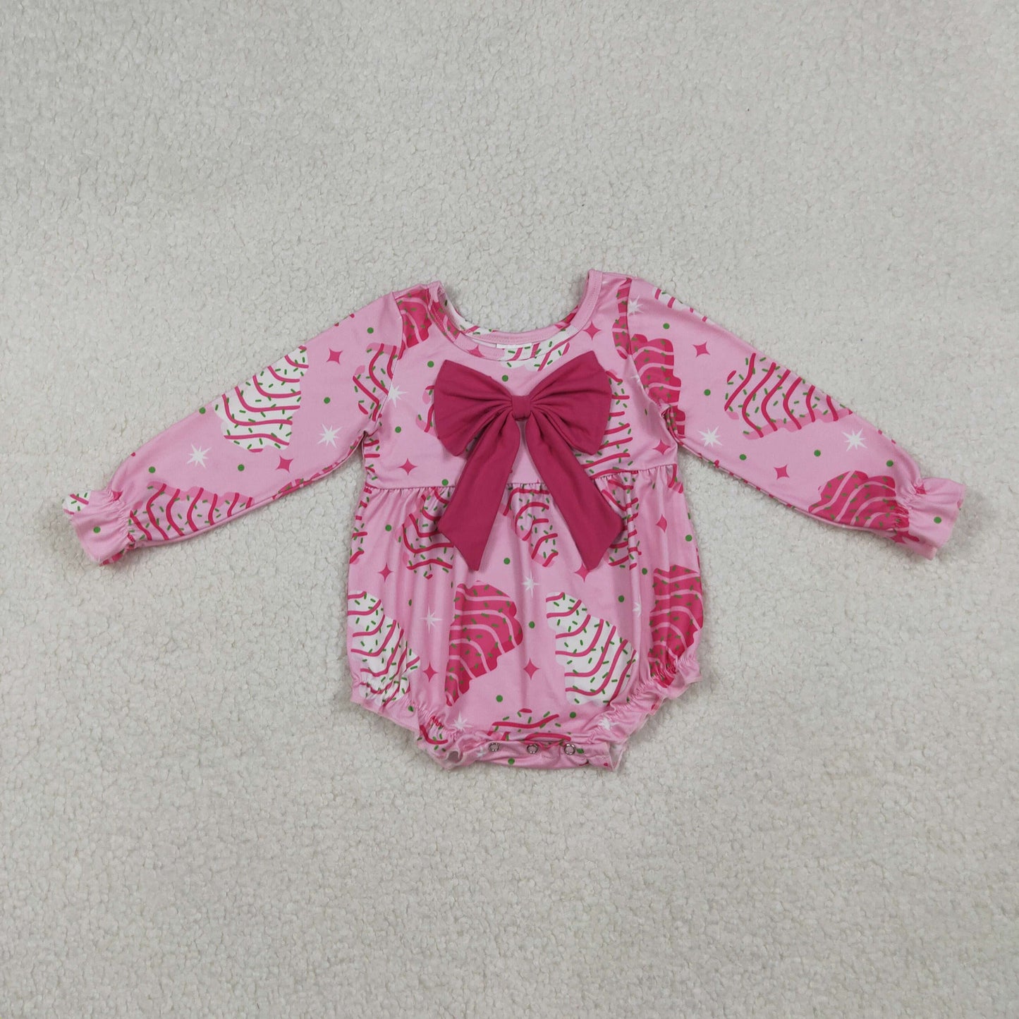 Baby Girl Long Sleeves Cakes Tree Christmas Pink Bow Bubble Romper RTS