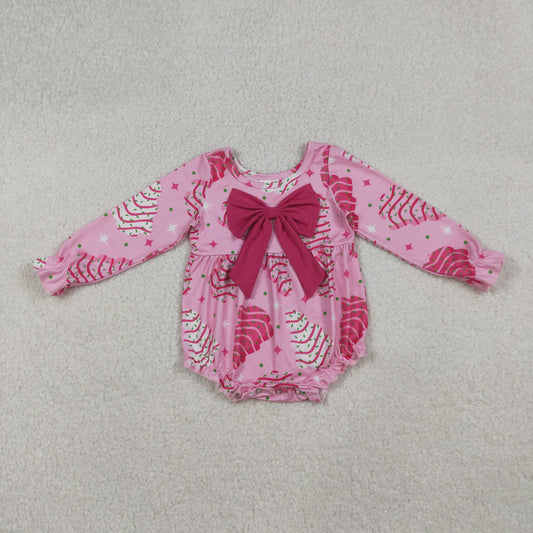 Baby Girl Long Sleeves Cakes Tree Christmas Pink Bow Bubble Romper RTS