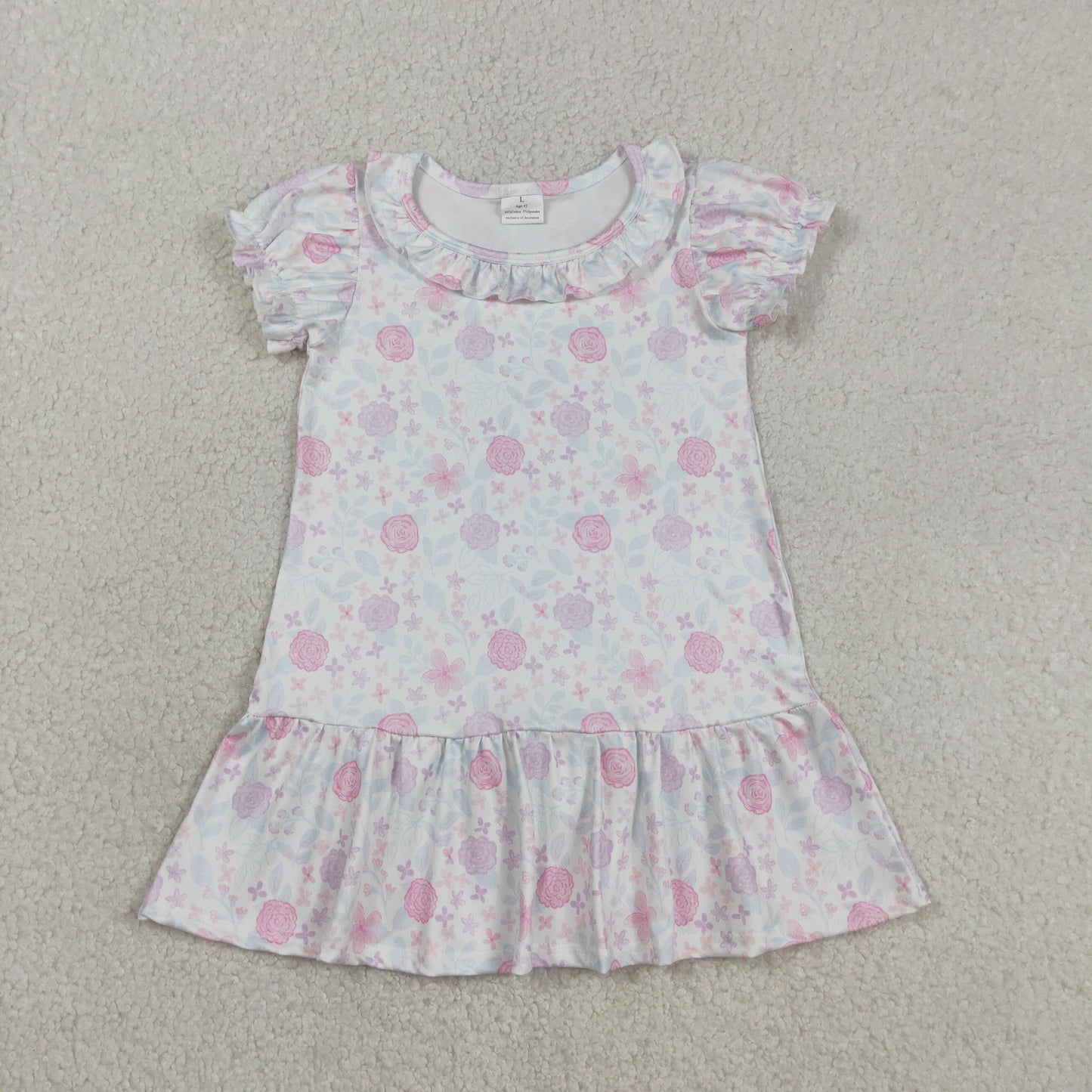 Baby Girls Kids Short Sleeves Purple Pink Flower Ruffle Knee Length Dress RTS