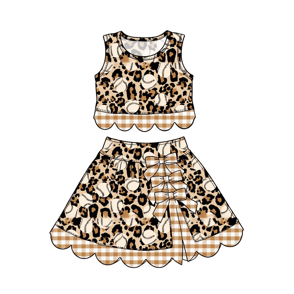 ( Moq 5 ) Preorder Baby Girls Kids Baseball Leopard Tops Bows Scallop Skirt Shorts Yoga Active Set Clothes RTS