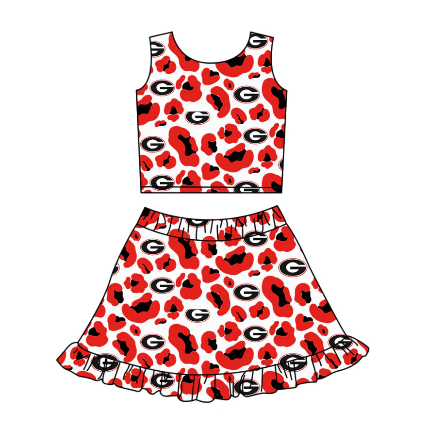 ( Moq 5 ) Baby Girls Kids Sleeveless Red Leopard G Football Tops Shorts Skirt Team Clothes Set