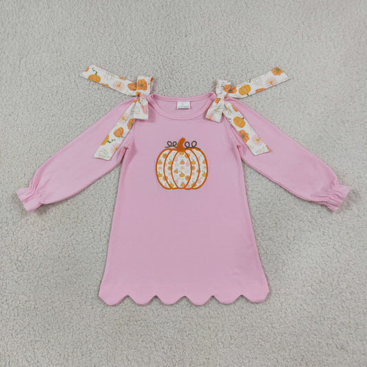 Baby Girls Kids Embroidery Pumpkins Bows Knee Length Pink Dress Fall Clothes RTS