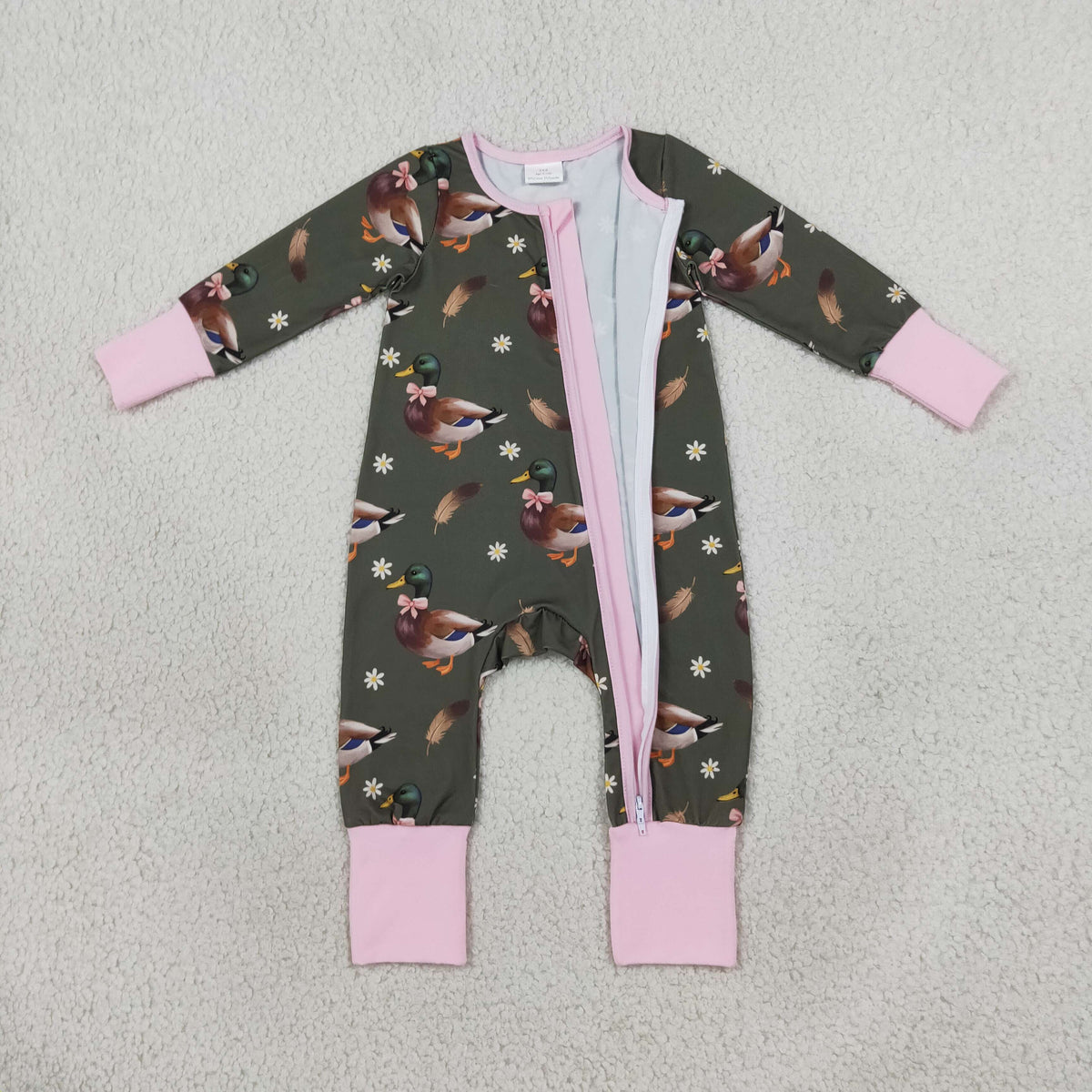 Baby Girls Infant Long Sleeves Ducks Bows Flower Zipper Footie Sleeper Romper Clothes RTS