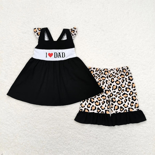 Baby Girl Embroidery I Love Dad Black Tunic Leopard Shorts Summer Set