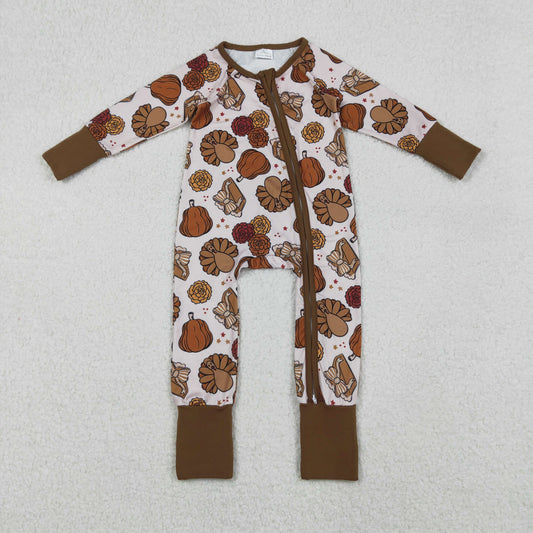 Girls Kids turkey Pumpkin Pie Fall Thanksgiving Zipper Sleeper Romper RTS