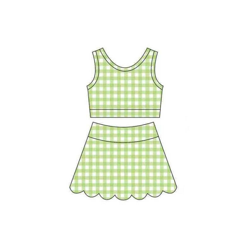 ( Moq 5 ) Preorder Baby Girls Kids Green Plaid Shirt Scallop Skirt Shorts Yoga Active Set Clothes