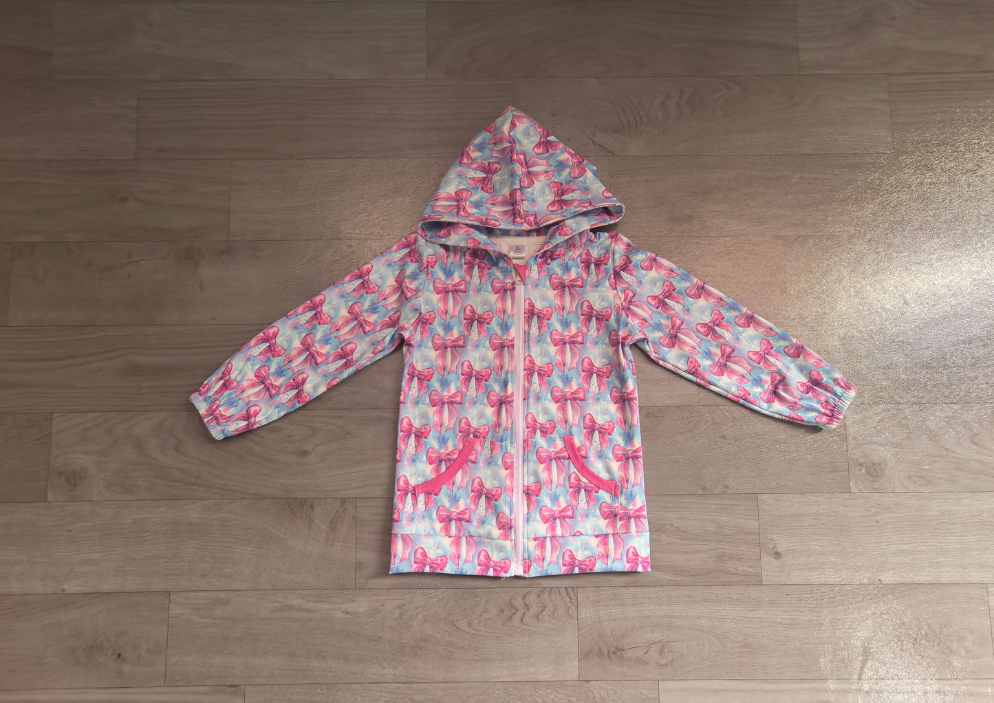 ( No moq ) Preorder Baby Girls Kids Long Sleeves Bows Pockets Hoodie Zipper Shirt Tops