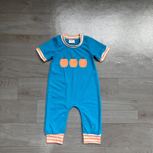 ( Moq 5 ) Preorder Baby Boy Kids Embroidery Pumpkins Blue Romper Fall Clothes
