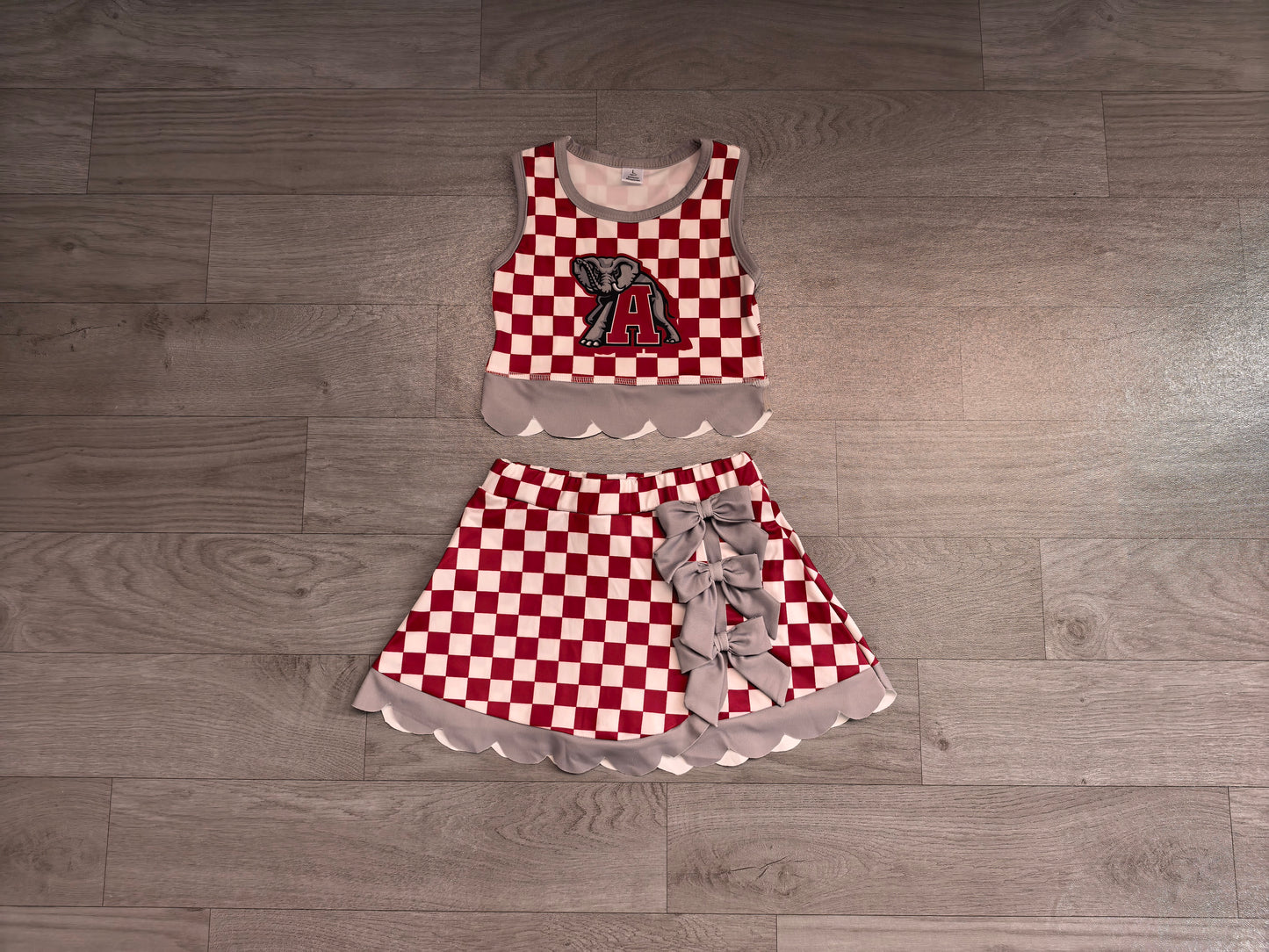 ( No moq ) Preorder Baby Girls Kids Elephant Checked Shirt Scallop Bows Skirt Shorts Team Set Yoga Active Clothes