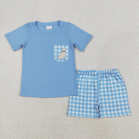 RTS Baby Boy Blue Short Sleeves Dog Pocket Shirt Checked Shorts Clothes Set