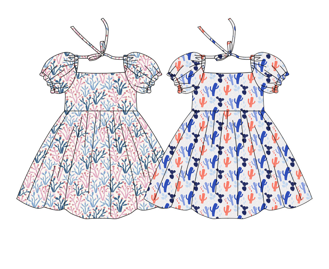 ( Moq 5 Each Style ) Sibling Baby Girls Kids Short Sleeves Cactus Summer Knee Length Dresses