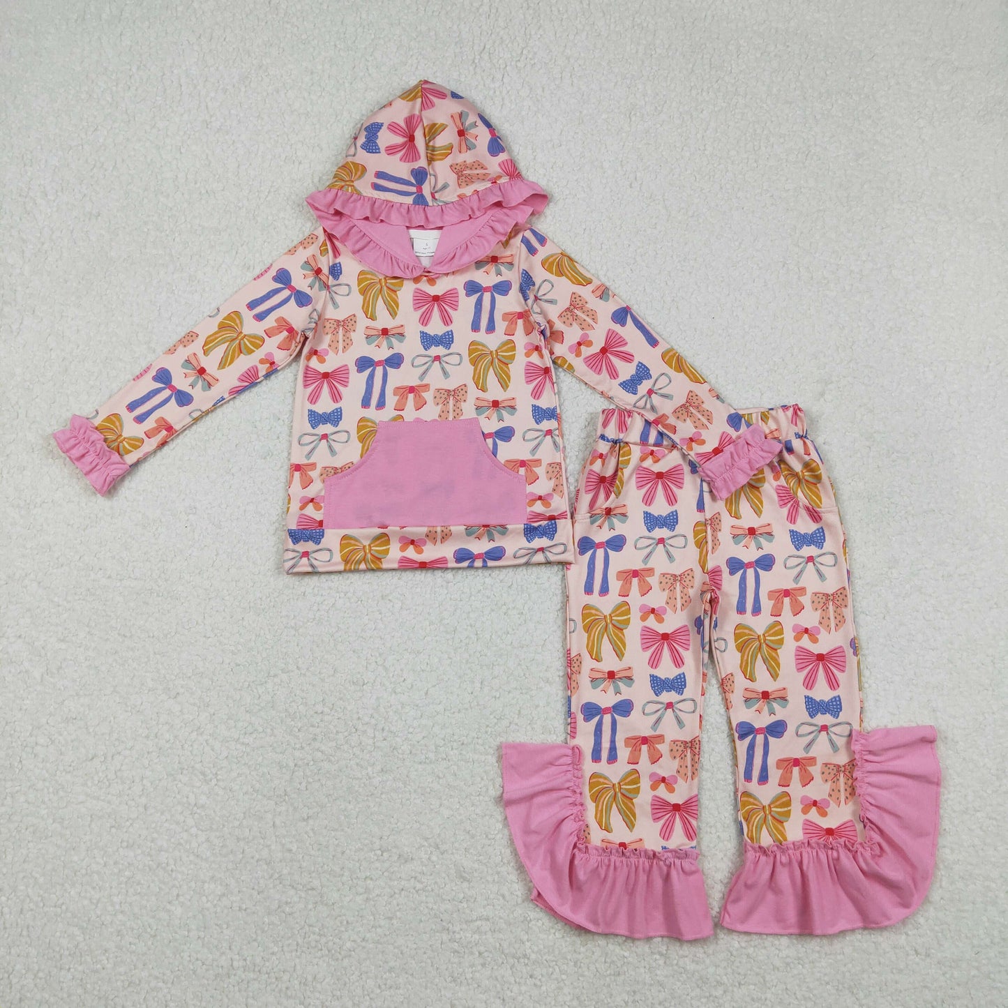 Baby Girls Long Sleeves Bows Hoodie Pullover Ruffle Pockets Pants Clothes Set RTS
