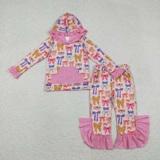 Baby Girls Long Sleeves Bows Hoodie Pullover Ruffle Pockets Pants Clothes Set RTS