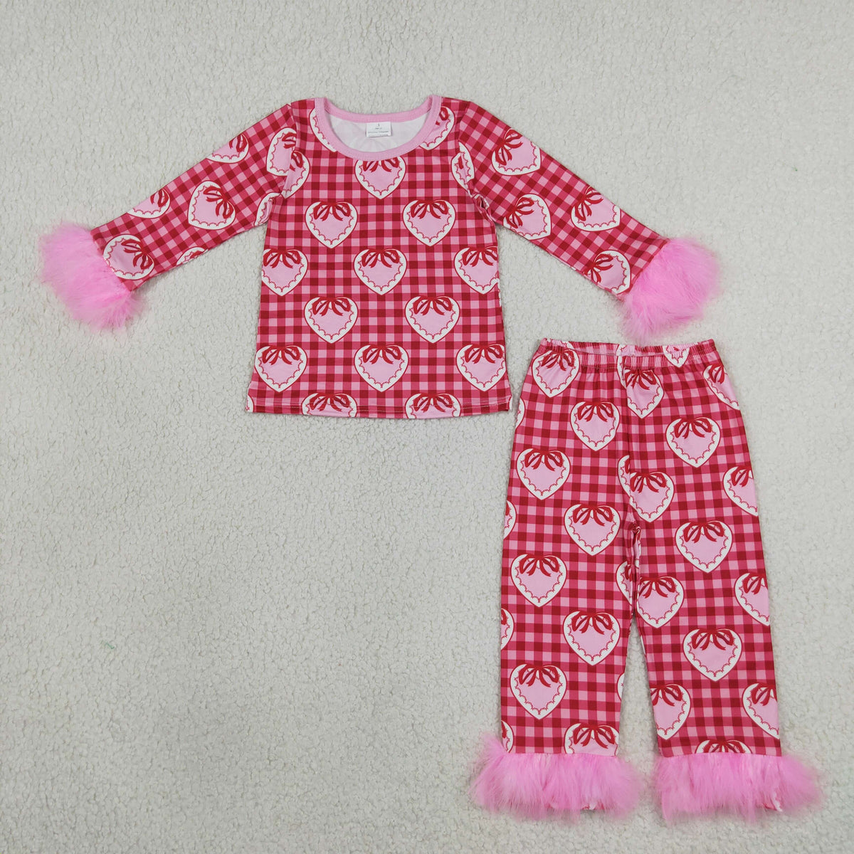 Baby Girls Kids Hearts Bows Plaid Shirt Pants Valentine Pajamas Fur Set Clothes RTS