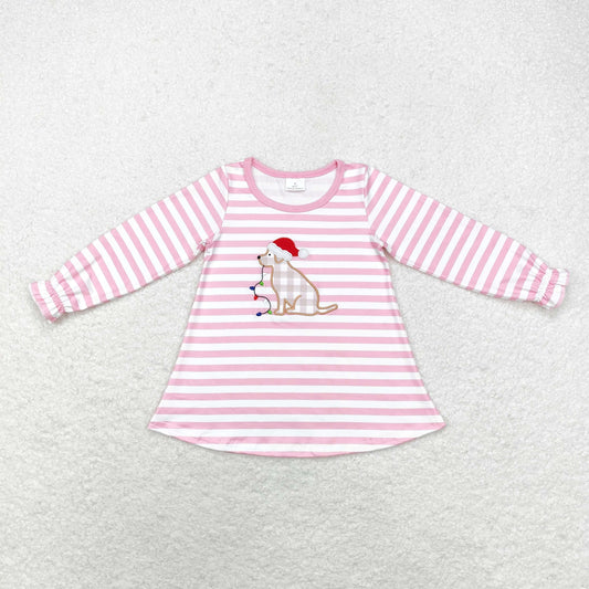 Baby Girl Pink Stripes Long Sleeves Embroidery Dog Christmas Tops