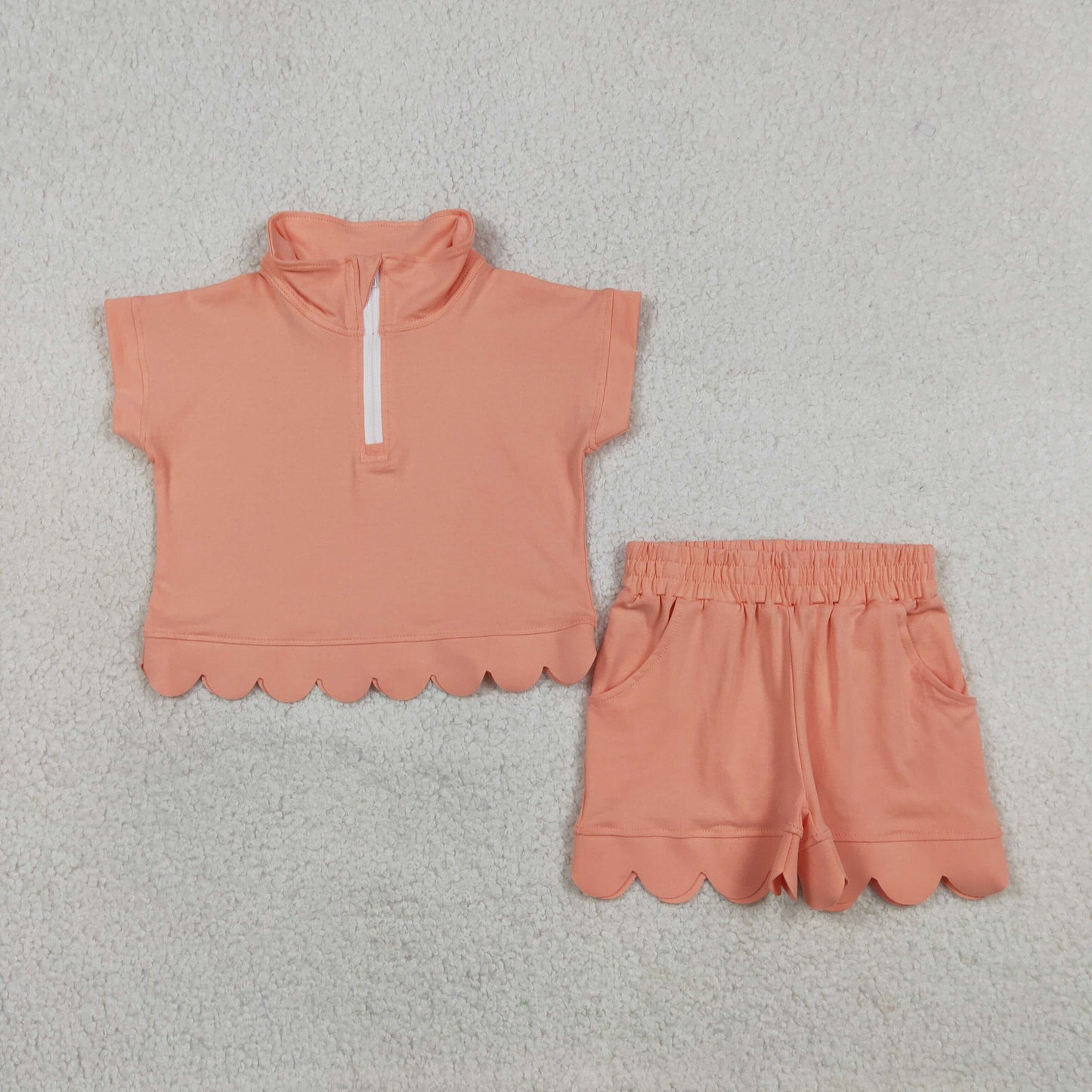 Baby Girls Kids Short Sleeves Zipper Shirt Scallop Shorts Set Cotton Clothes