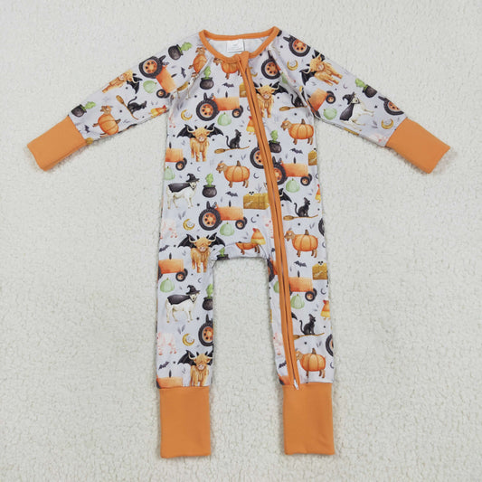 Baby Boy Long Sleeves Halloween Pumpkins Farm Animals Zipper Romper RTS