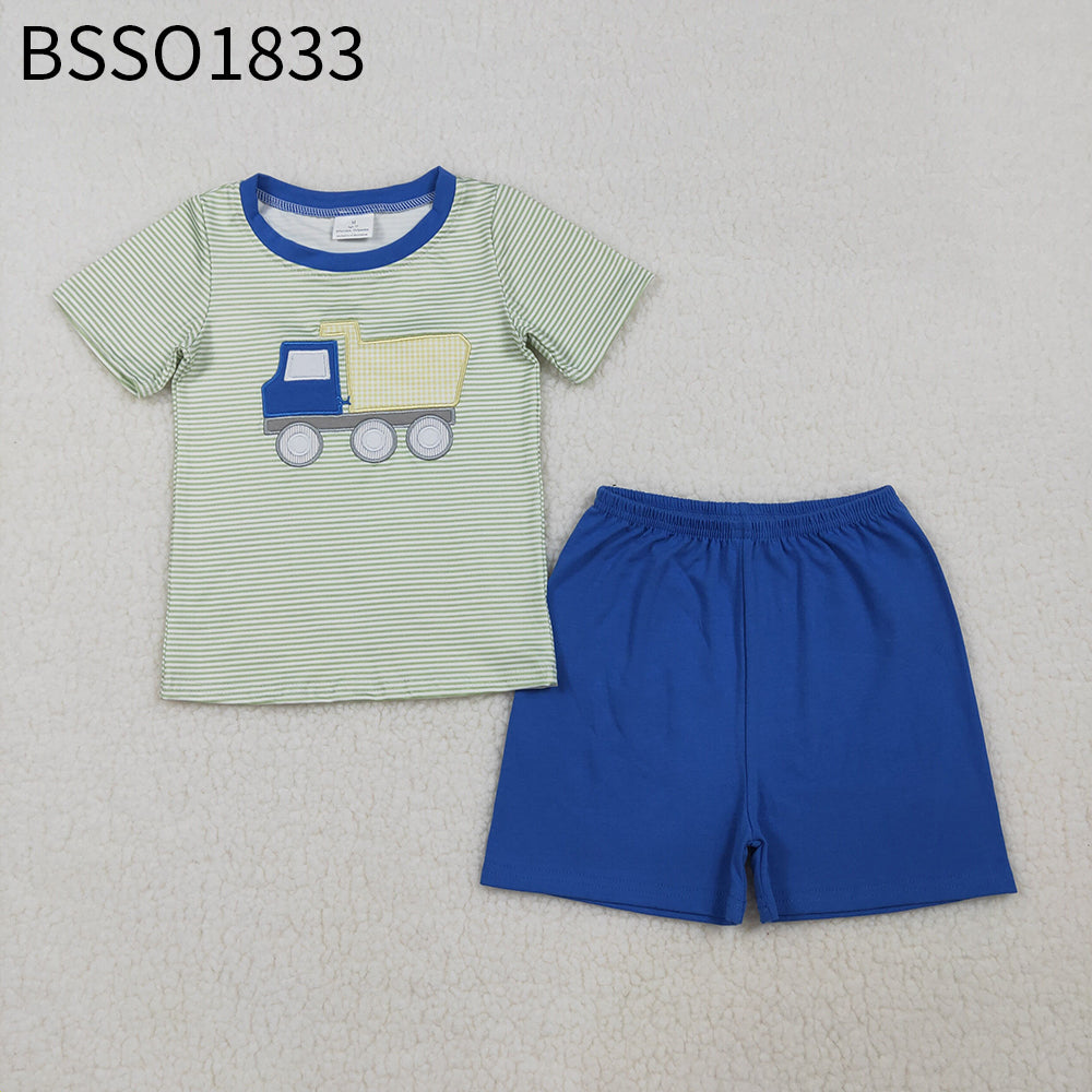 Baby Boys Short Sleeves Embroidery Truck Stripes Shirt Blue Shorts Summer Clothes Set RTS