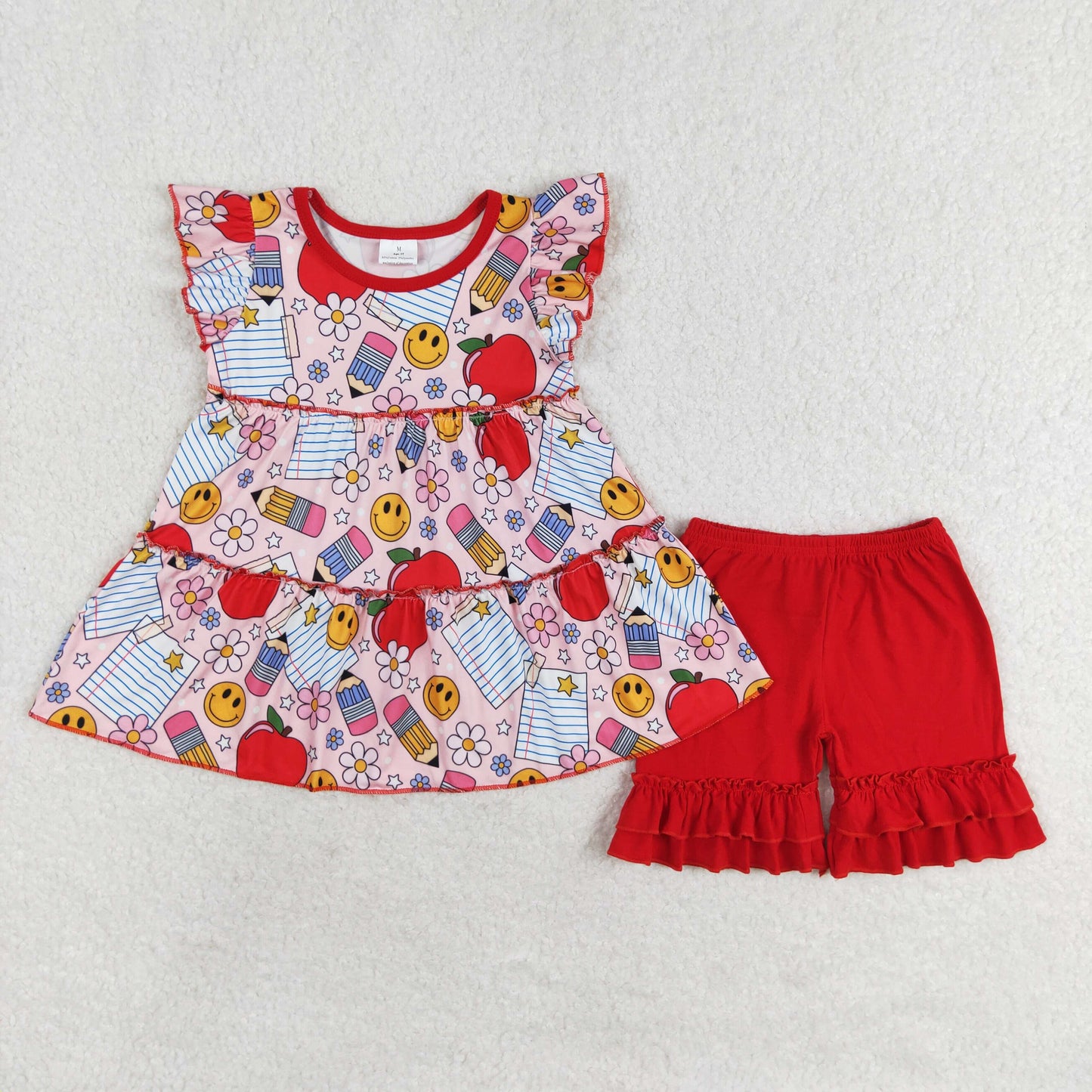 Baby Girl Apples Flower Tunic Ruffle Red Shorts Back To School Set