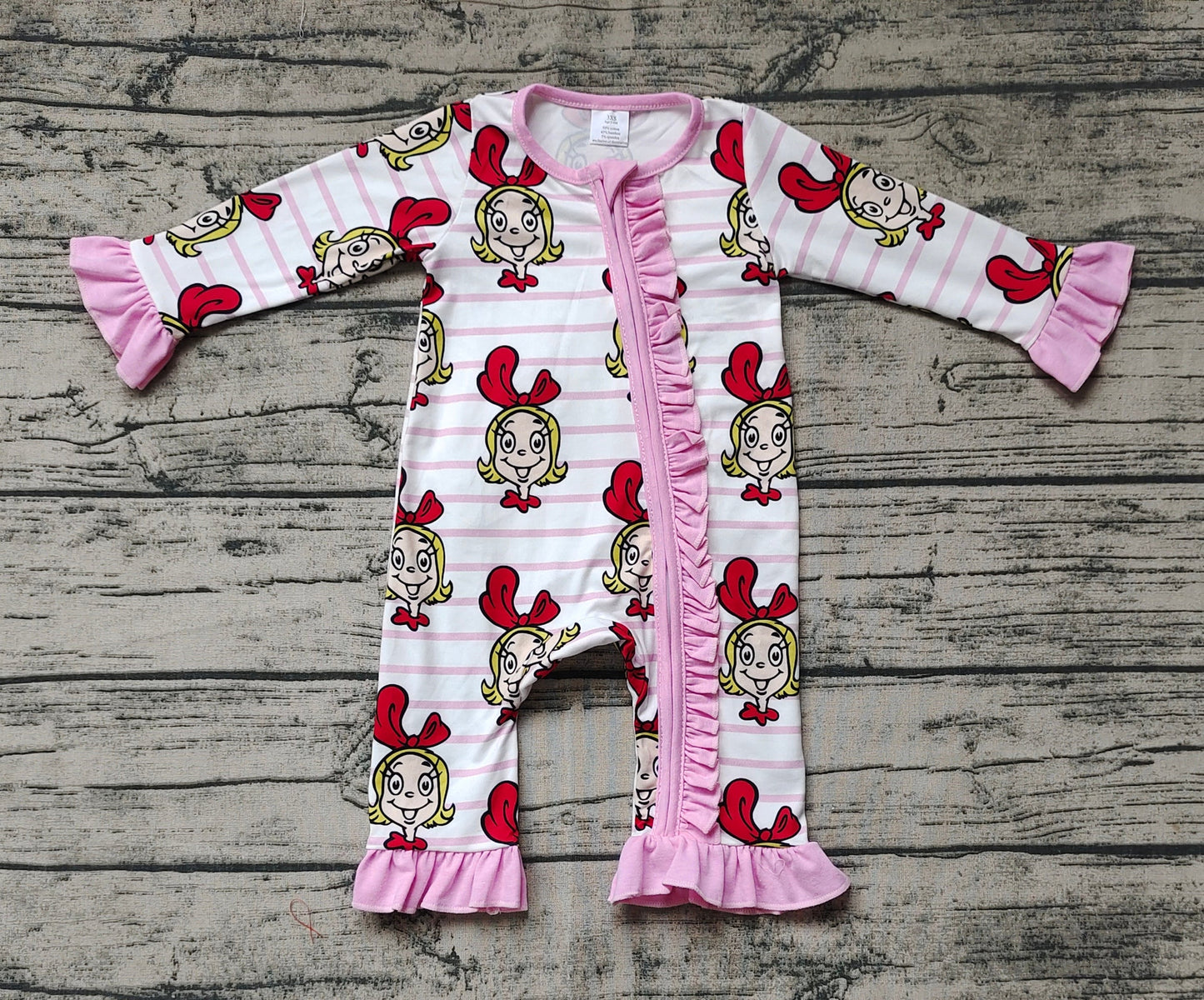 Baby Girl Long Sleeves Pink Face Christmas Zipper Romper