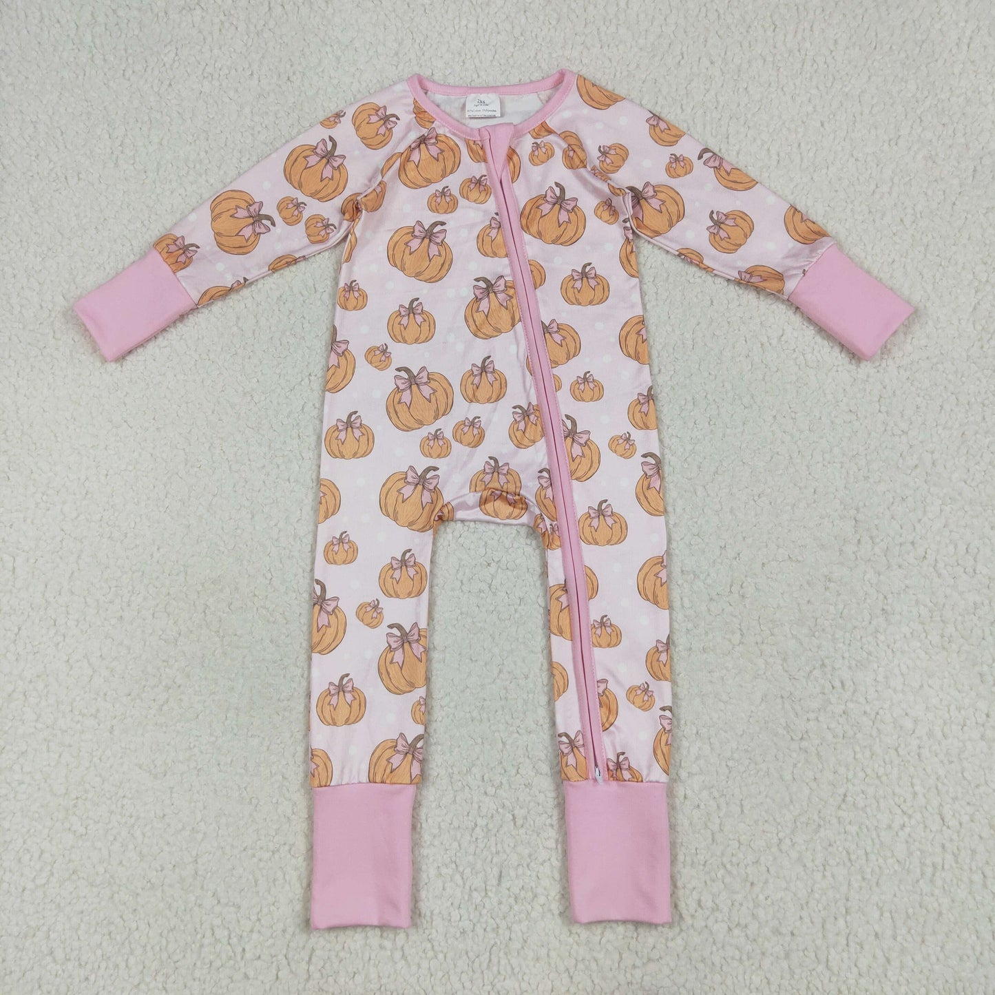 Baby Girl Long Sleeves Bows Pumpkins Zipper Fall Pink Romper RTS