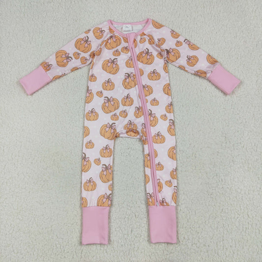 Baby Girl Long Sleeves Bows Pumpkins Zipper Fall Pink Romper RTS