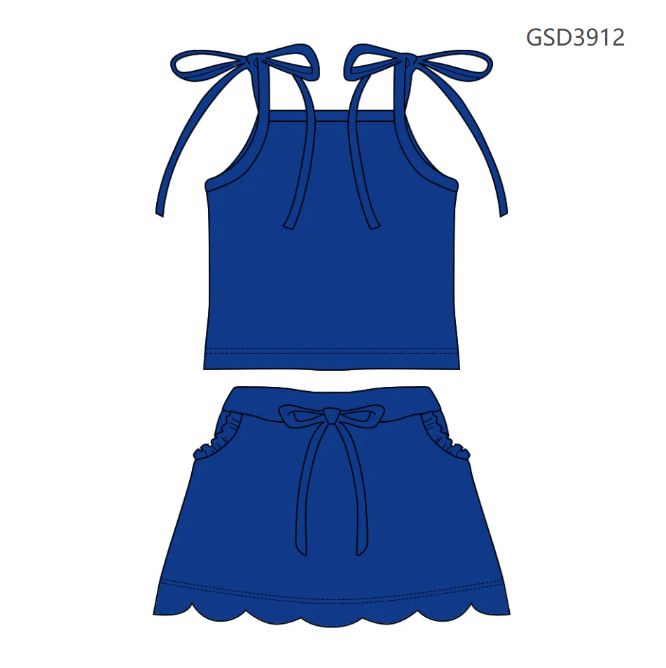 ( Moq 5 ) Preorder Baby Girls Straps Blue Tops Pockets Scallop Skirt Shorts Set Clothes
