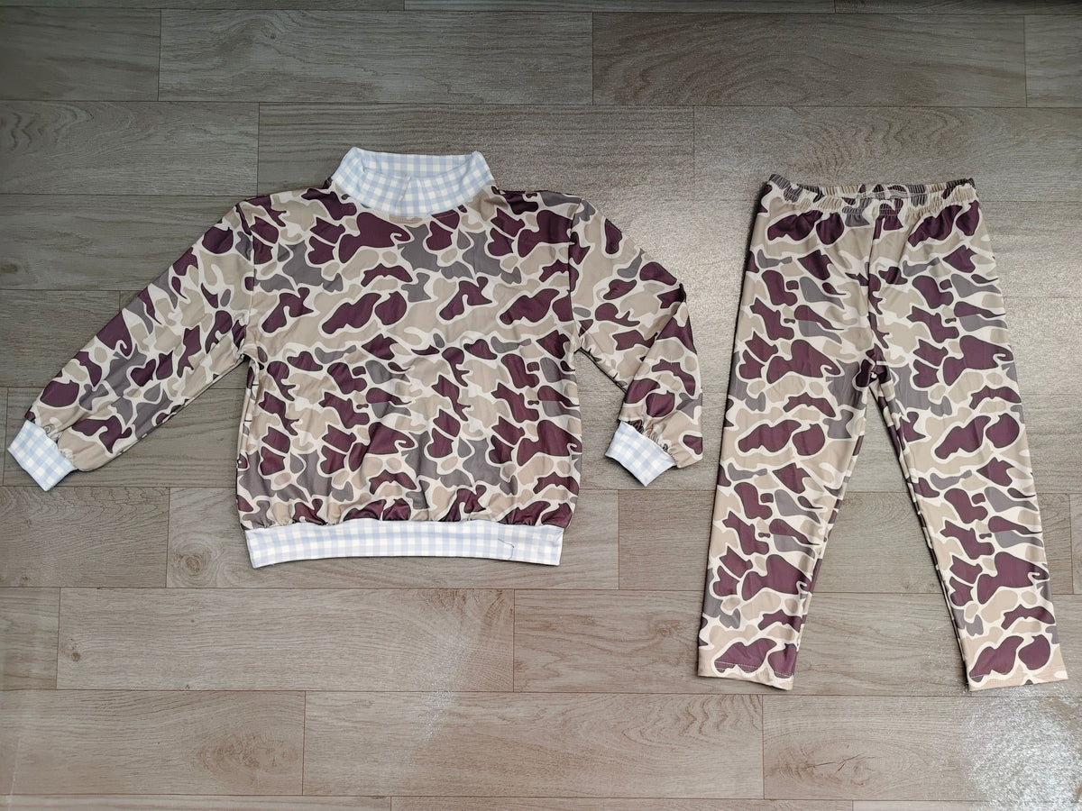( No moq ) Preorder Baby Boys Kids Plaid Shirt Dark Grey Camo Pants Set Clothes