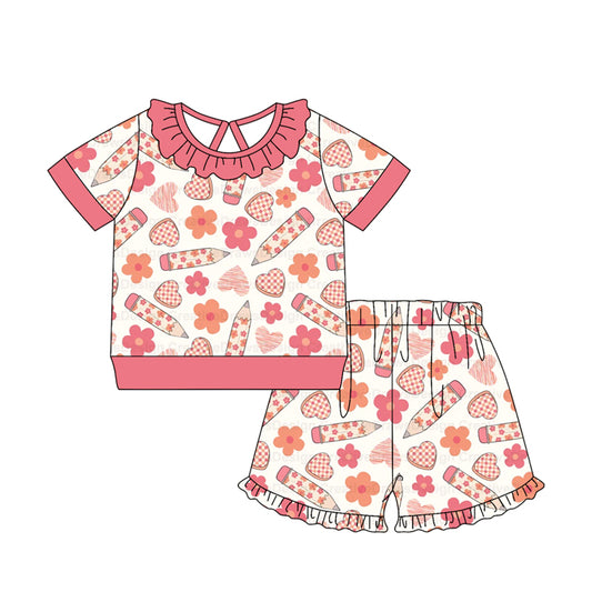( Moq 5 ) Preorder Baby Girls Kids Short Sleeves Pencil Flower Shirt Shorts Set Back to School Clothes
