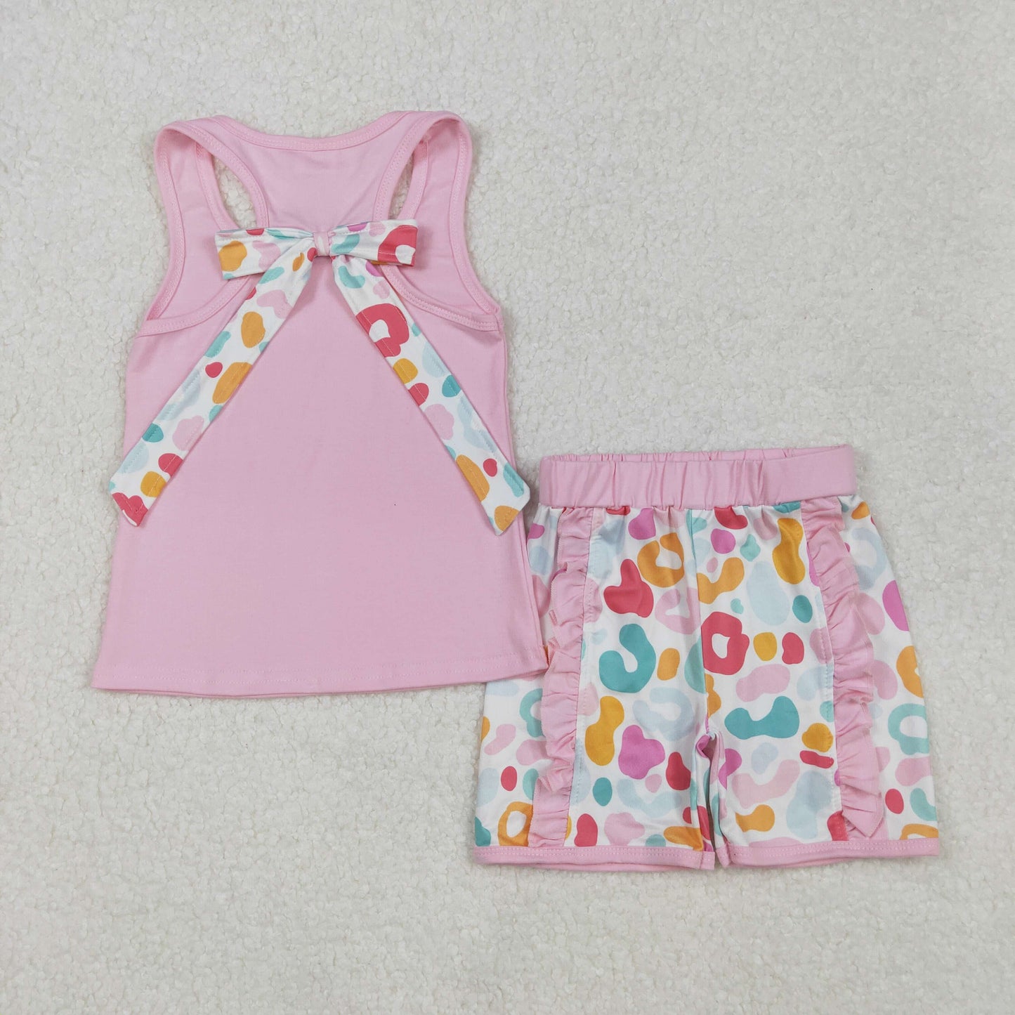 Baby Girl Sleeveless Pocket Bow Pink Tops Ruffle Leopard Shorts Set RTS