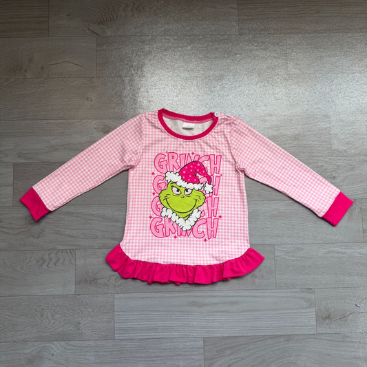 Baby Girl Long Sleeves Green Face Christmas Pink Plaid Ruffle Shirt RTS