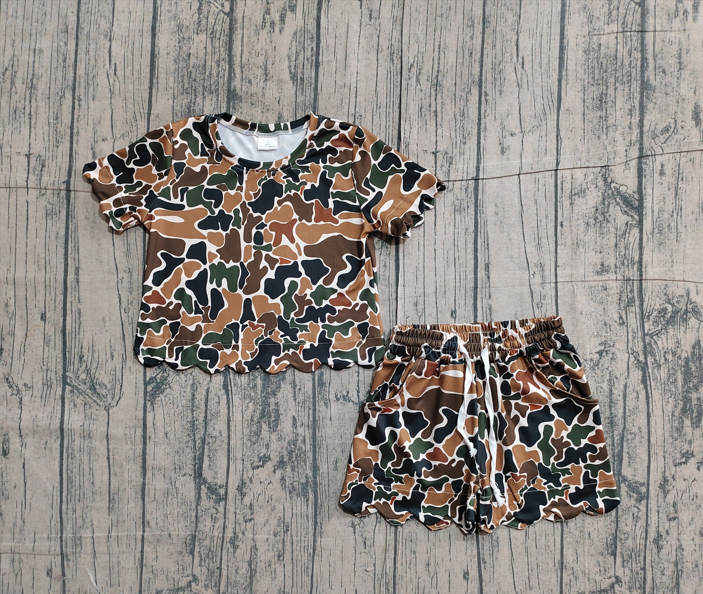 Baby Girls Short Sleeves Shirt Brown Green Camo Scallop Shorts Clothes Set RTS