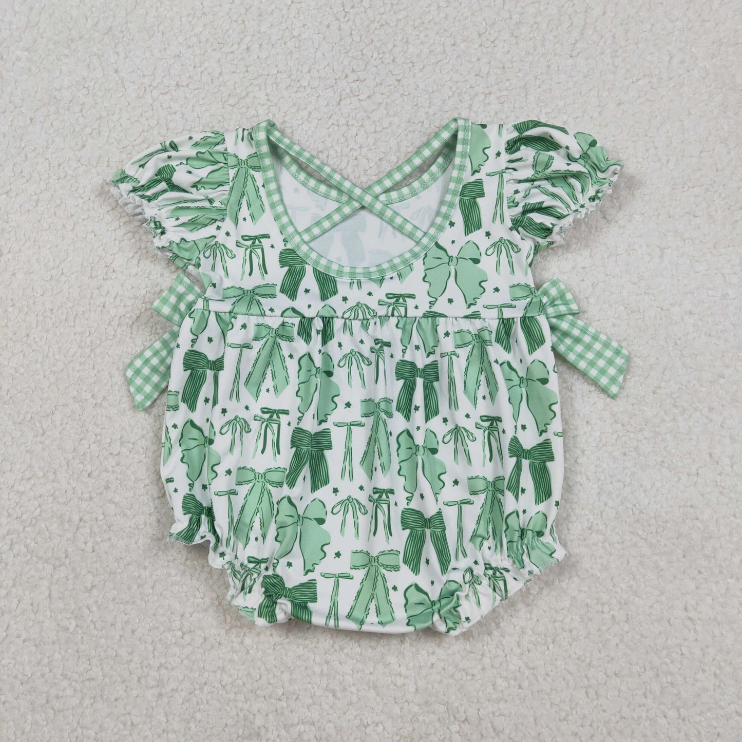 Baby Girls Infant Short Sleeves Green Bows St Patrick Bubble Romper RTS